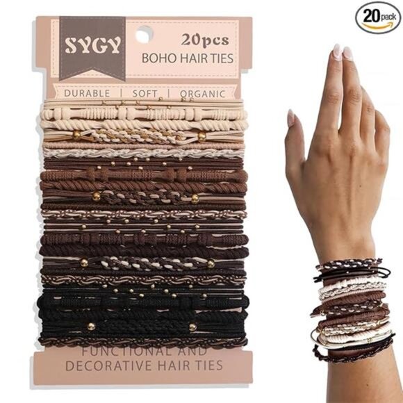 Boho hair ties set neutral elastic ponytail holders no damage thick thin hair - Picture 8 of 8